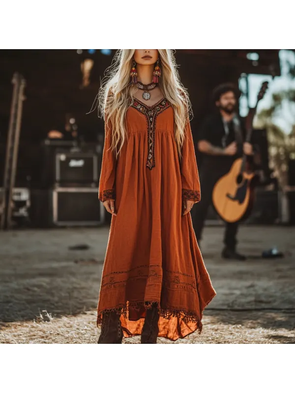 Coachella Music Festival Rock Party Carnival Vintage Wilderness Ethnic Bohemian Linen Dress - Ootdmw.com 
