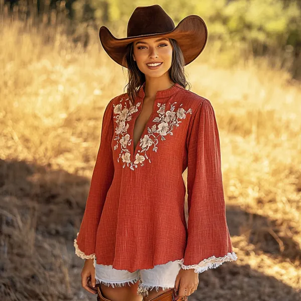 Women's Ethnic Bohemian Floral V-Neck Long Sleeve Shirt - Anurvogel.com 