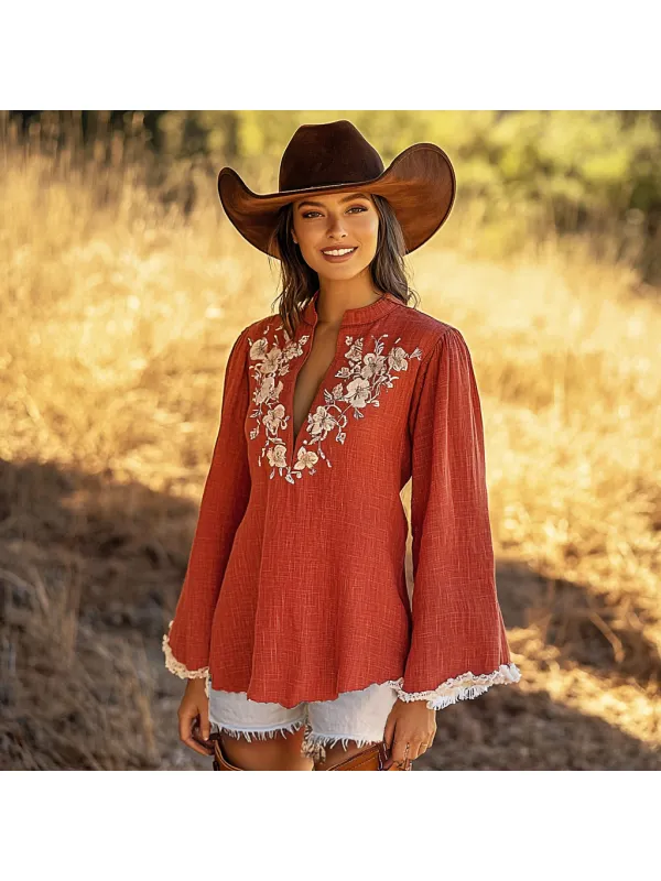 Women's Ethnic Bohemian Floral V-Neck Long Sleeve Shirt - Ootdmw.com 