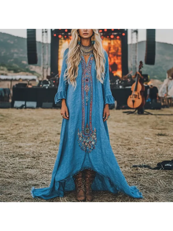 Coachella Music Festival Rock Party Carnival Vintage Wilderness Ethnic Bohemian Linen Dress - Ootdmw.com 