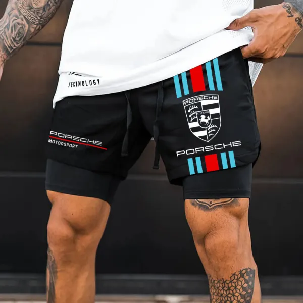 Men's Racing Print Double Layer Sports Shorts - Spiretime.com 