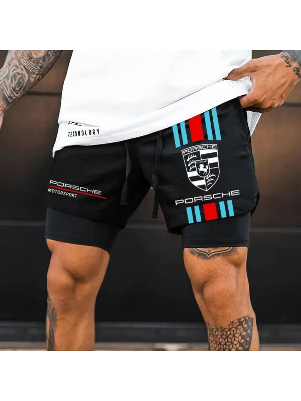 Men's Racing Print Double Layer Sports Shorts - Ootdmw.com 