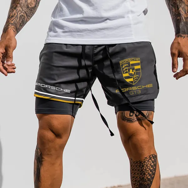 Men's Logo Print Double Layer Sports Shorts - Spiretime.com 
