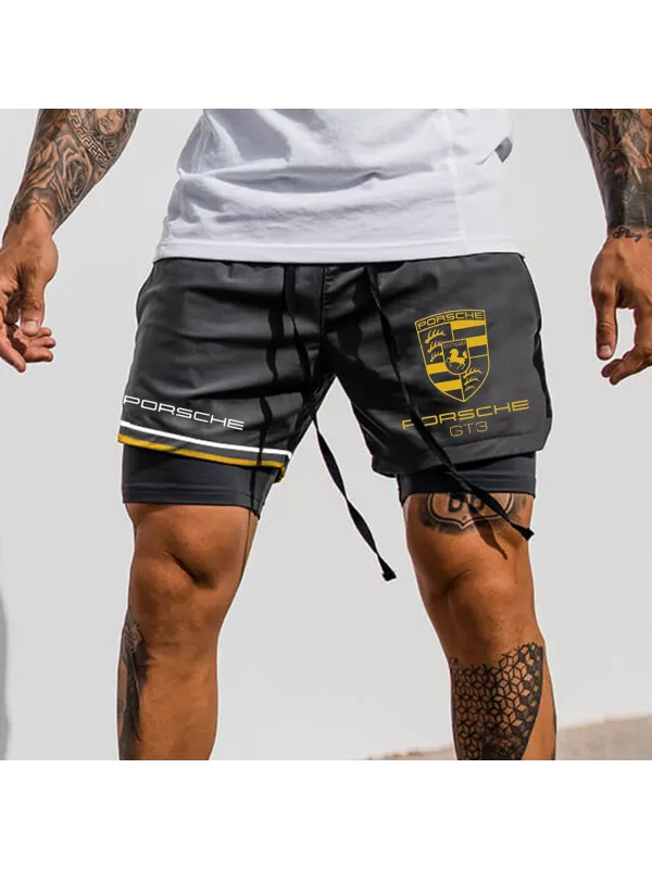Men's Logo Print Double Layer Sports Shorts - Ootdmw.com 