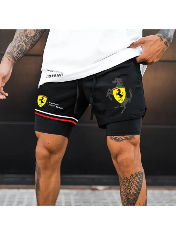 Men's Logo Print Double Layer Sports Shorts - Ootdmw.com 