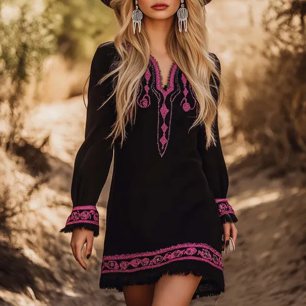 Fashion Western Pink Print Black Mini Dress - Spiretime.com 