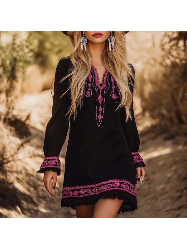 Fashion Western Pink Print Black Mini Dress - Ootdmw.com 