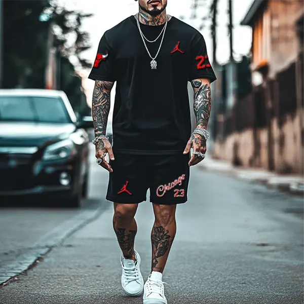 Unisex Oversize Basketball Print Black T-shirt And Shorts Set - Rabclub.com 