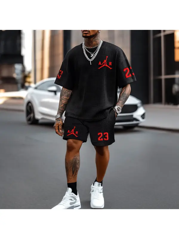 Unisex Waffle Knit Basketball Print Black Oversized Streetwear Short-Sleeved T-shirt And Shorts Set - Localziv.com 