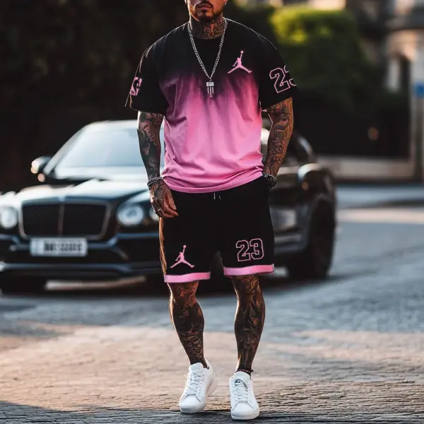 Unisex Basketball Print Black And Pink Gradient Oversized Streetwear Short-Sleeved T-shirt And Shorts Set - Cotosen.com 