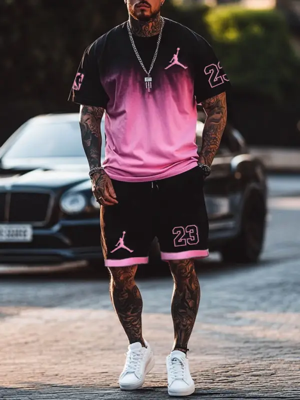 Unisex Basketball Print Black And Pink Gradient Oversized Streetwear Short-Sleeved T-shirt And Shorts Set - Pragmaace.com 