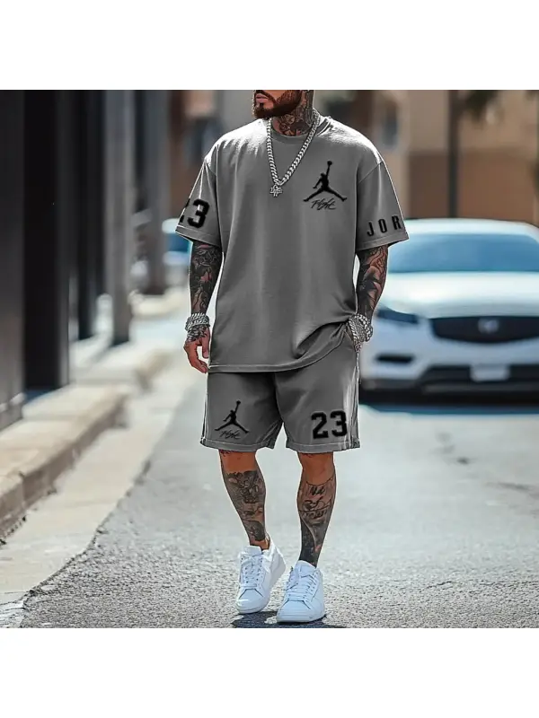 Unisex Basketball Print Oversized Streetwear Gray Short-Sleeved T-shirt And Shorts Set - Ootdmw.com 