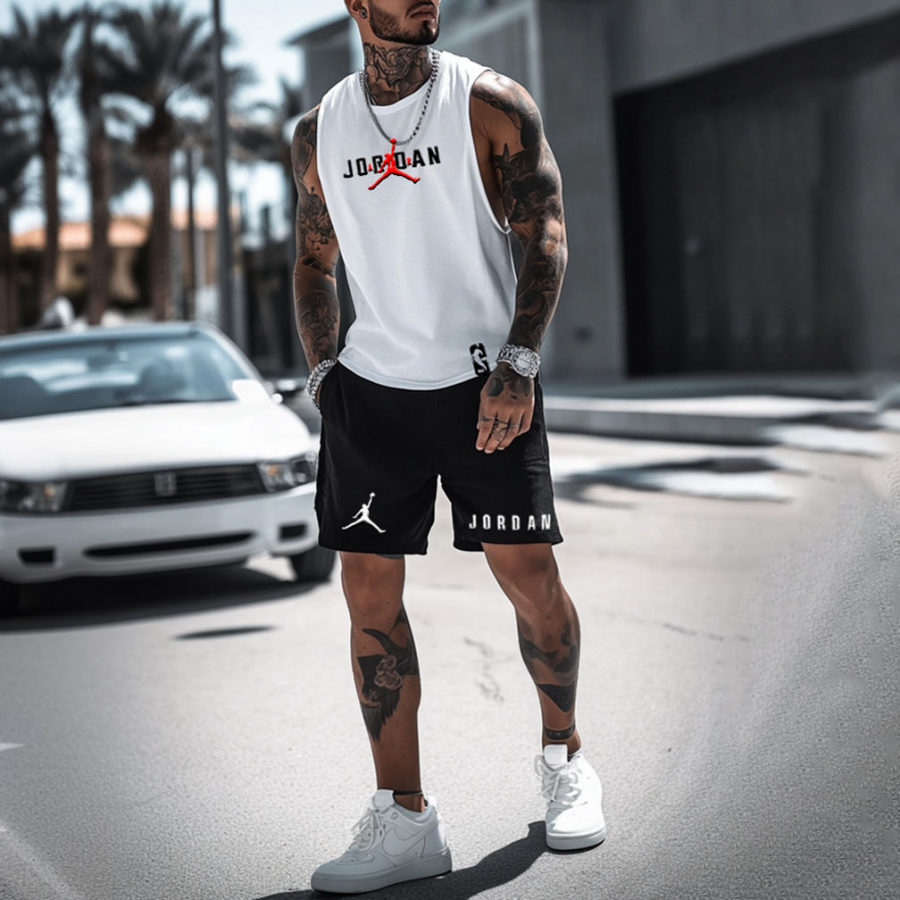 

Unisex Basketball Print Streetwear White Tank Top And Black Shorts Set