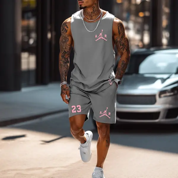 Unisex Basketball Print Streetwear Gray Tank Top And Shorts Set - Spiretime.com 