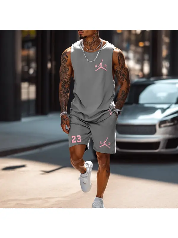 Unisex Basketball Print Streetwear Gray Tank Top And Shorts Set - Ootdmw.com 