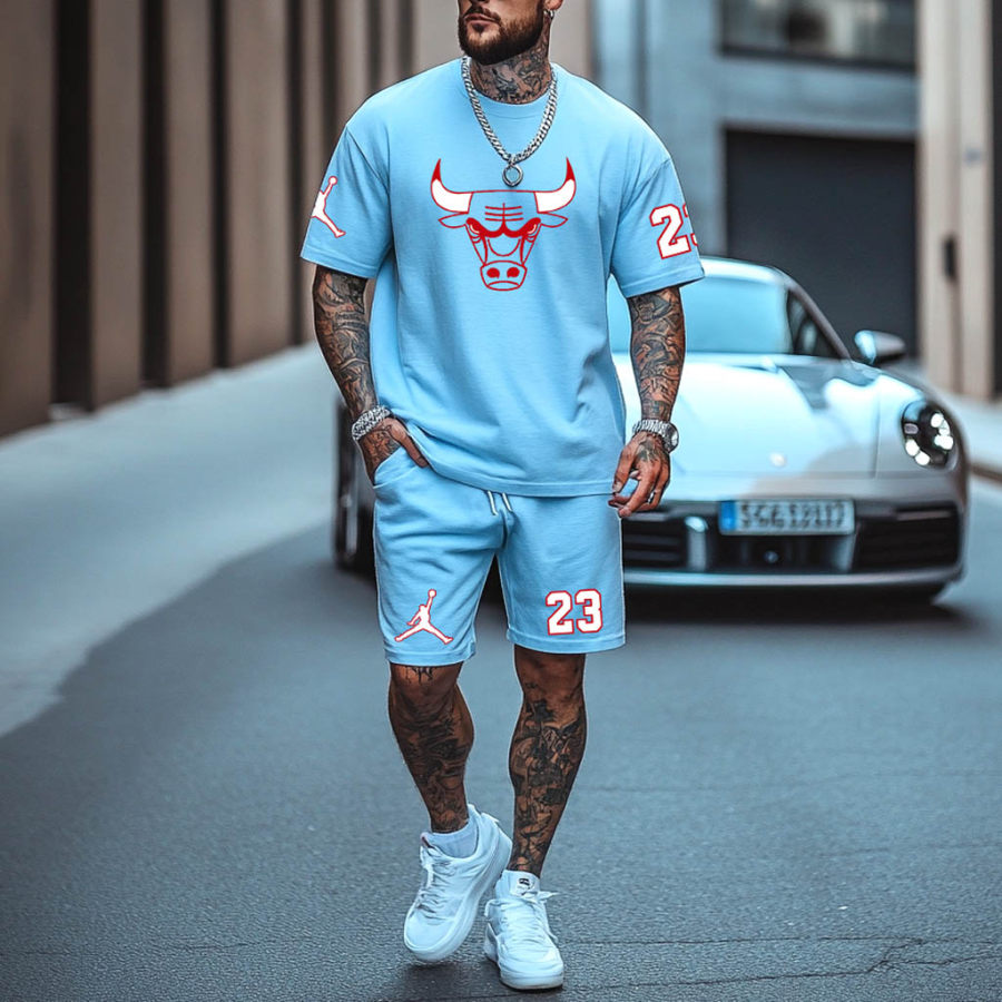 

Unisex Basketball Print Oversized Streetwear Sky Blue Short-Sleeved T-shirt And Shorts Set