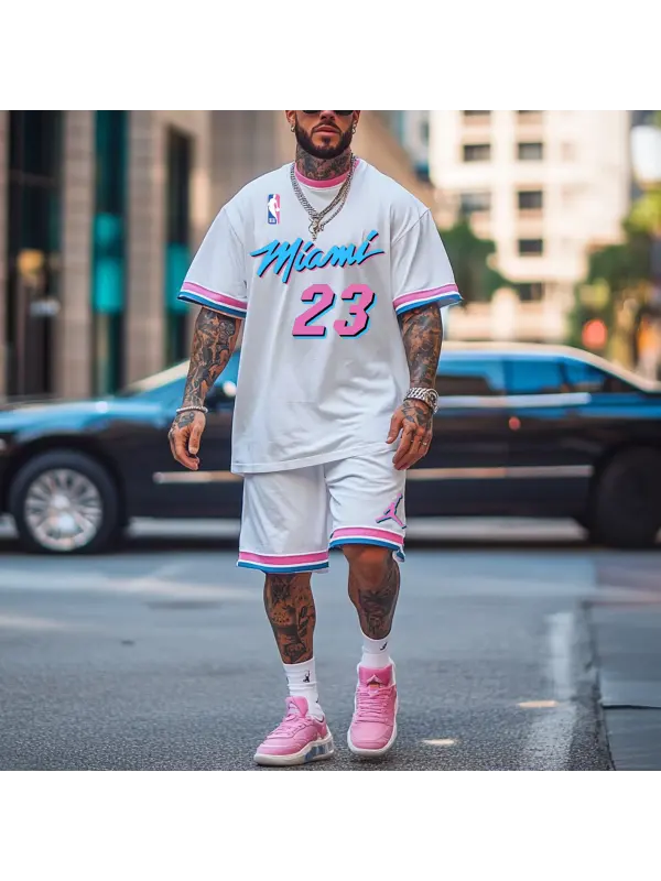 Unisex Basketball Print Oversized Streetwear White Short-Sleeved T-shirt And White Shorts Set - Aptkoi.com 