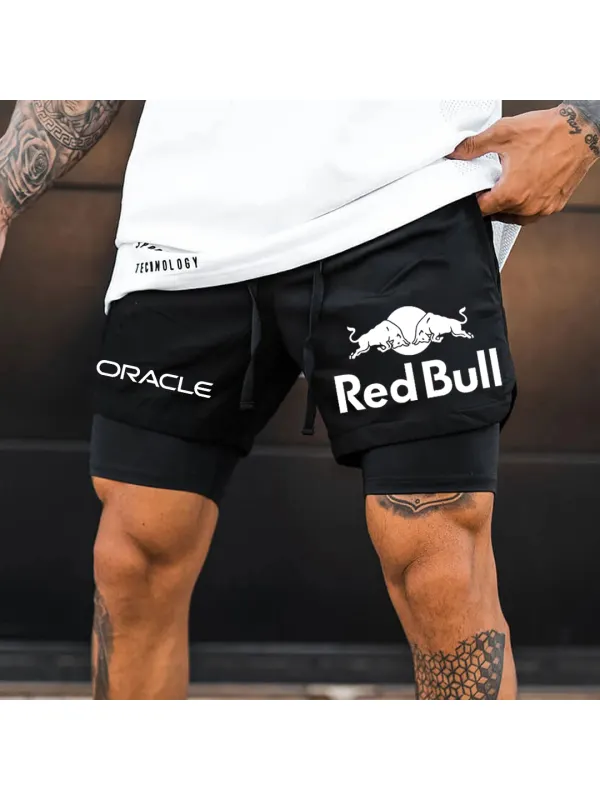 Men's Logo Print Double Layer Sports Shorts - Ootdmw.com 