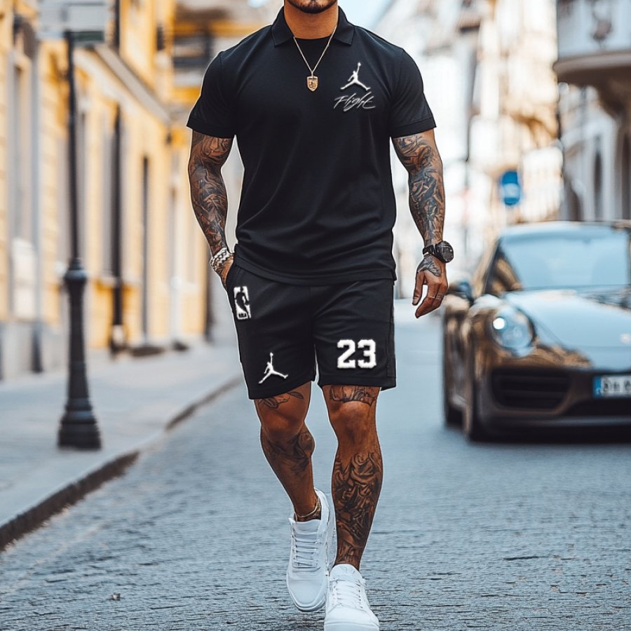 

Unisex Basketball Black Jersey Collar Polo Print T-shirt And Shorts Set