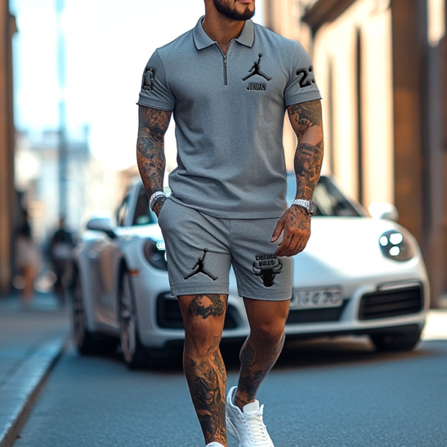 

Unisex Basketball Gray Bull Zipper Polo Print T-shirt And Shorts Set
