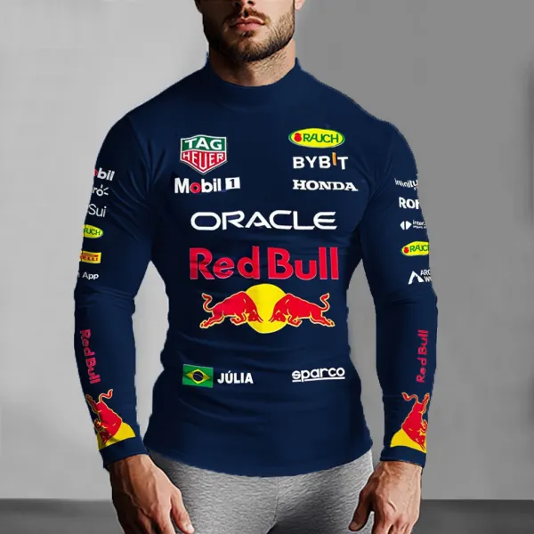 Men's Red Bull Racing Team Print Slim Fit Compression Long Sleeve Navy Blue T-Shirt - Cotosen.com 