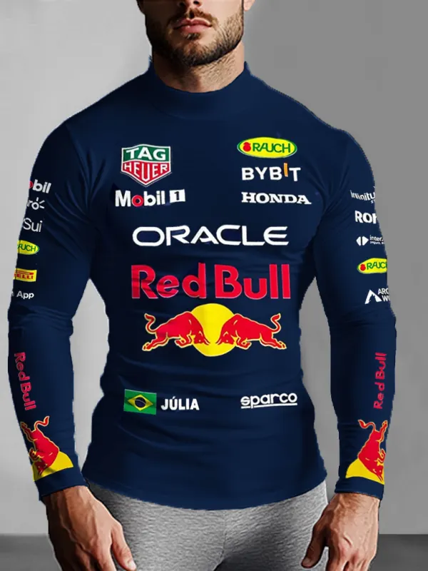 Men's Red Bull Racing Team Print Slim Fit Compression Long Sleeve Navy Blue T-Shirt - Menbarn.com 