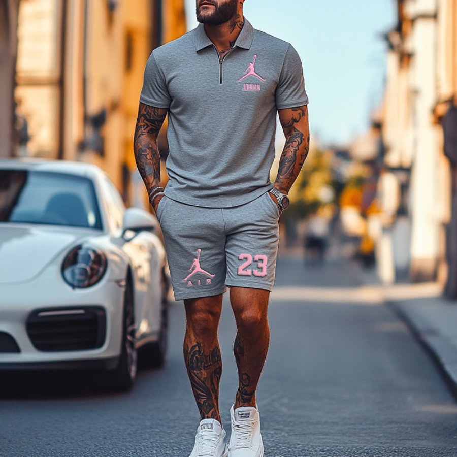 

Unisex Basketball Advanced Gray Zipper Polo Print T-shirt And Shorts Set