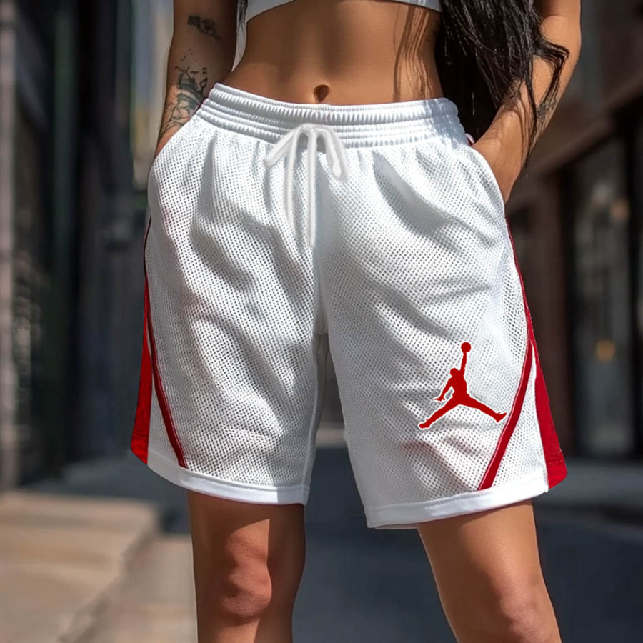

Women's Basketball Print White Elastic Drawstring Mesh Shorts