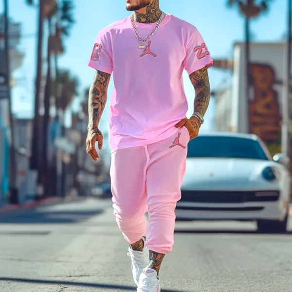 Unisex Basketball Pink Waffle Sweatpants And T-shirt Set - Spiretime.com 