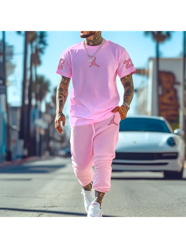 Unisex Basketball Pink Waffle Sweatpants And T-shirt Set - Ootdmw.com 
