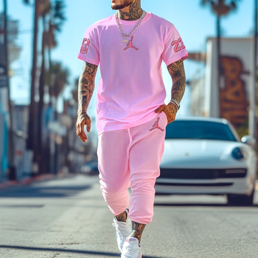 

Unisex Basketball Pink Waffle Sweatpants And T-shirt Set