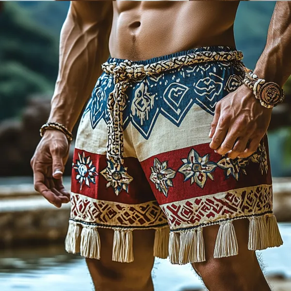 Men's Bohemian Geometric Contrast Print Linen Shorts - Fineyoyo.com 