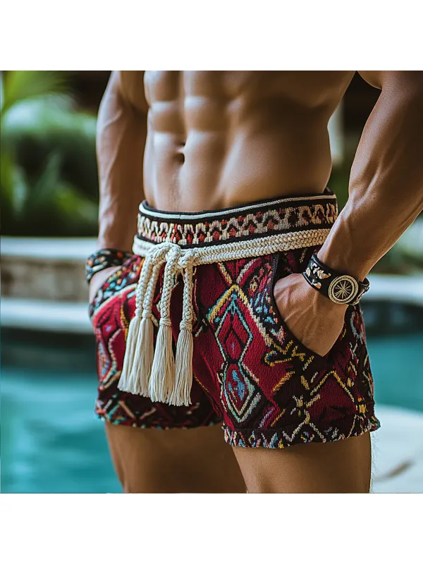 Men's Bohemian Geometric Print Holiday Linen Shorts - Aptkoi.com 