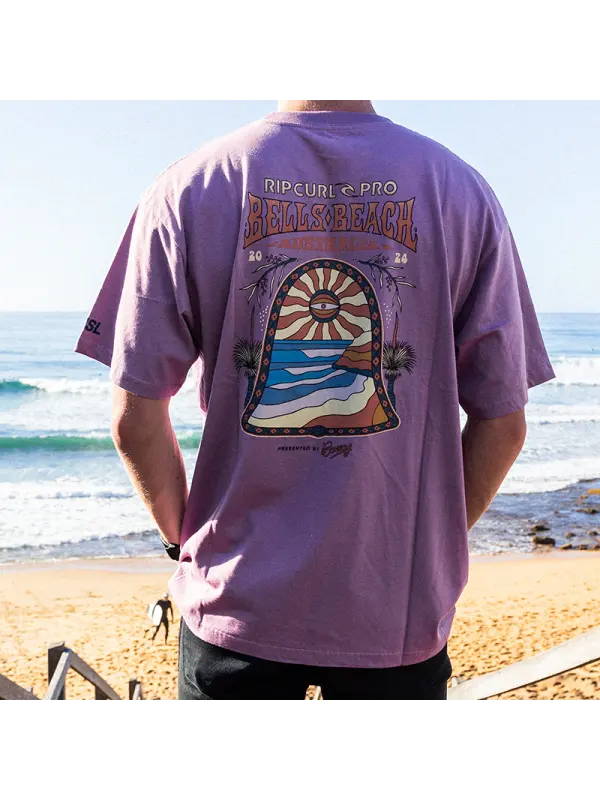 Men's Surf Poster Beach Loose Short Sleeve Oversized T-Shirt - Aptkoi.com 