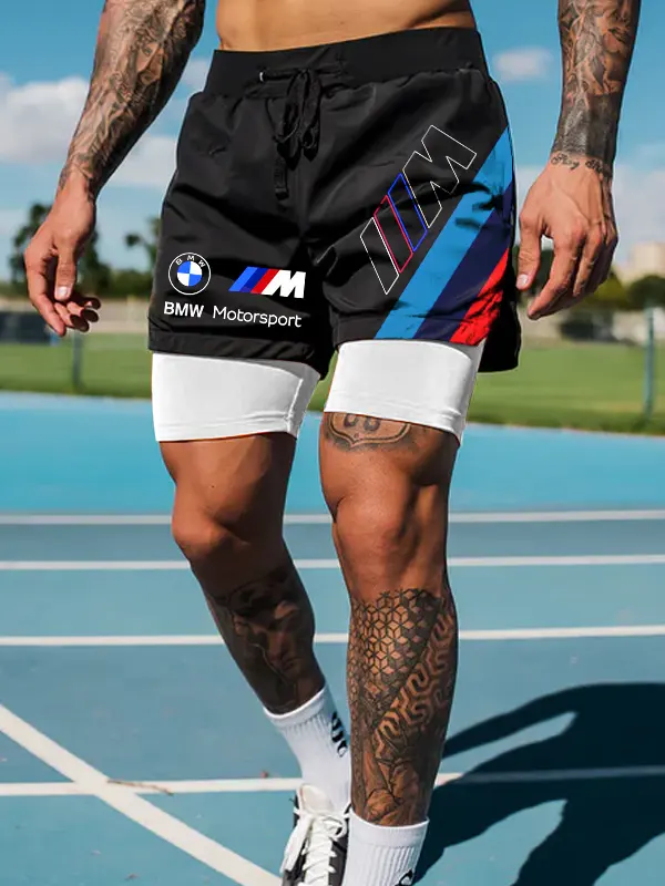 Men's BMW Racing Team Black Double Layer Sports Shorts - Simplyion.com 