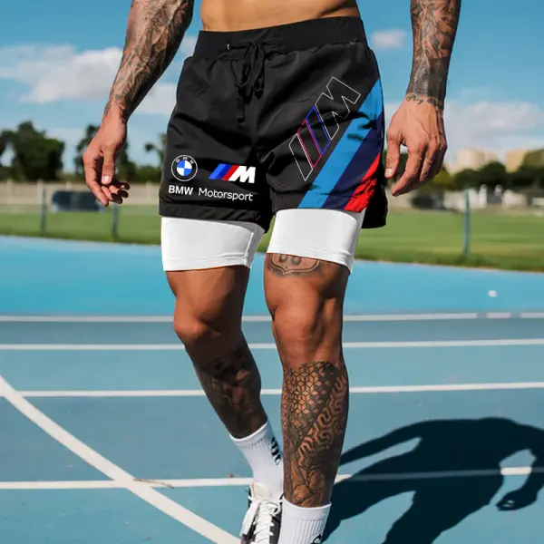 Men's Germany Racing Team Black Double Layer Sports Shorts - Ootdyouth.com 