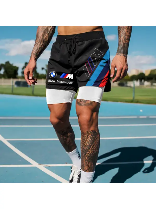 Men's Germany Racing Team Black Double Layer Sports Shorts - Anrider.com 