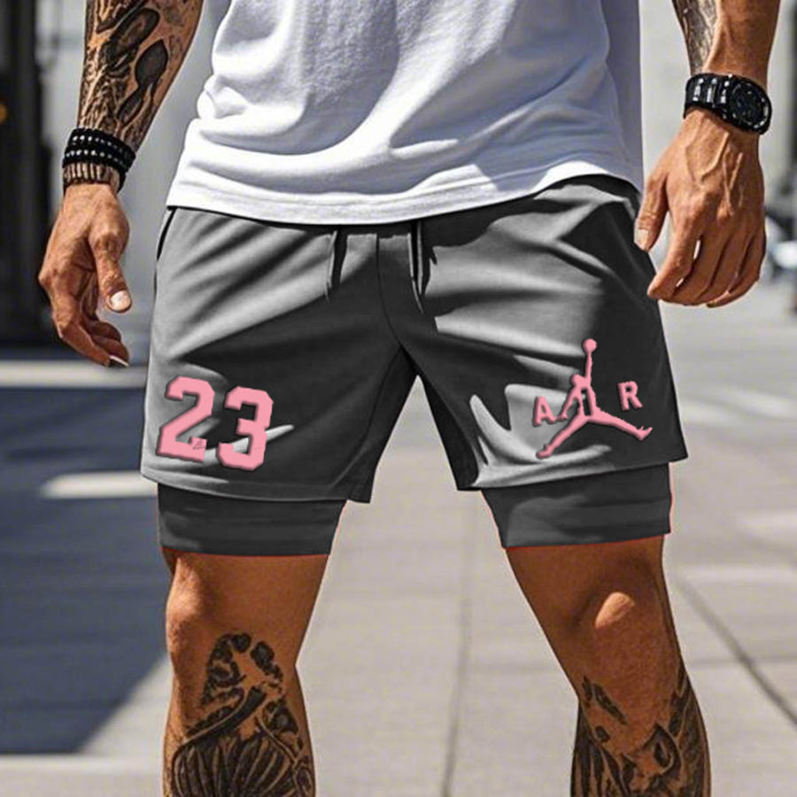 

Men's Basketball Print Double Layer Gray Sports Shorts