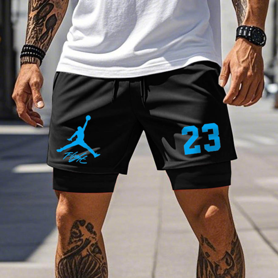 

Men's Basketball Print Double Layer Black Drawstring Elastic Sports Shorts