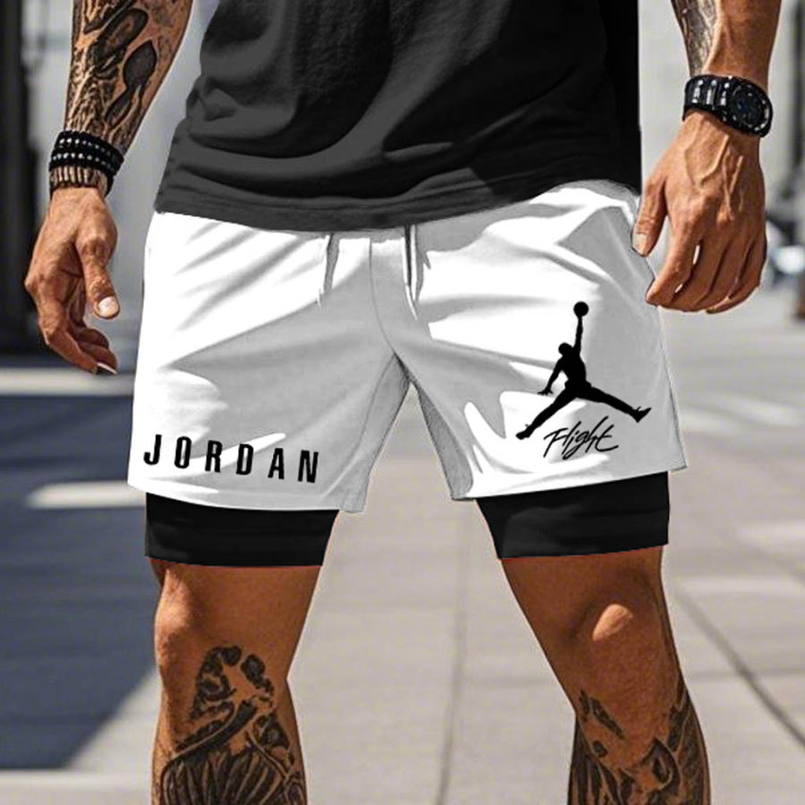 

Men's Flight Basketball Print Double Layer White And Black Drawstring Sports Shorts