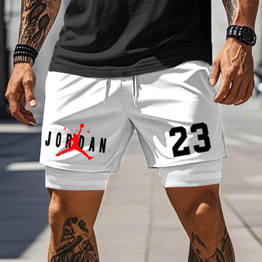 

Men's Basketball Print Double Layer White Drawstring Sports Shorts