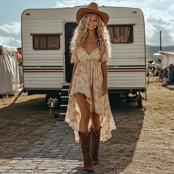 Western Cowgirl Vintage Floral Irregular Hem Dress - Wayrates.com 