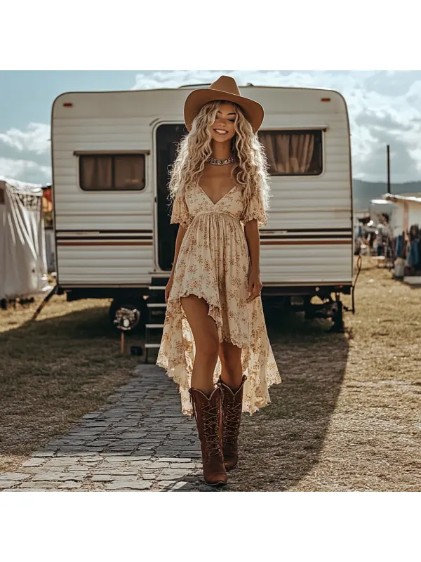 Western Cowgirl Vintage Floral Irregular Hem Dress - Cominbuy.com 