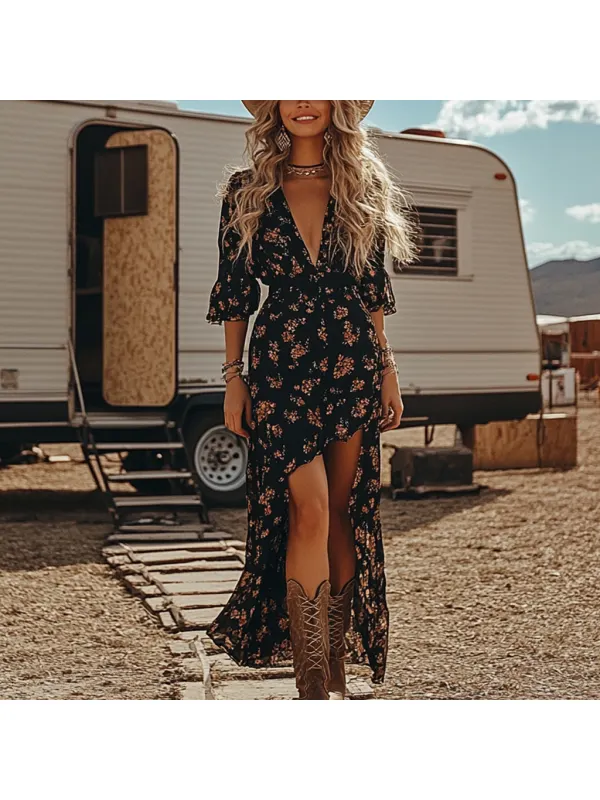 Western Cowgirl Vintage Floral Irregular Hem Dress - Viewbena.com 