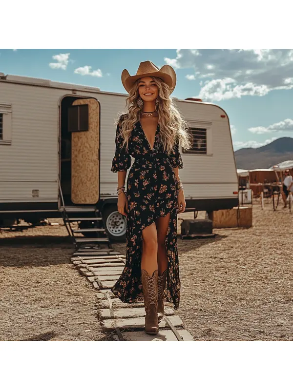 Western Cowgirl Vintage Floral Irregular Hem Dress - Aptkoi.com 