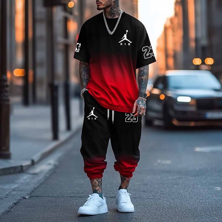 

Unisex Black Red Gradient Basketball Print Oversized Streetwear Short-Sleeved T-shirt And Sweatpants Set