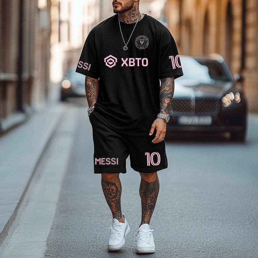 

Unisex Football 10 Jersey Print Sports Streetwear Black Athletic Short-Sleeved T-shirt And Shorts Set