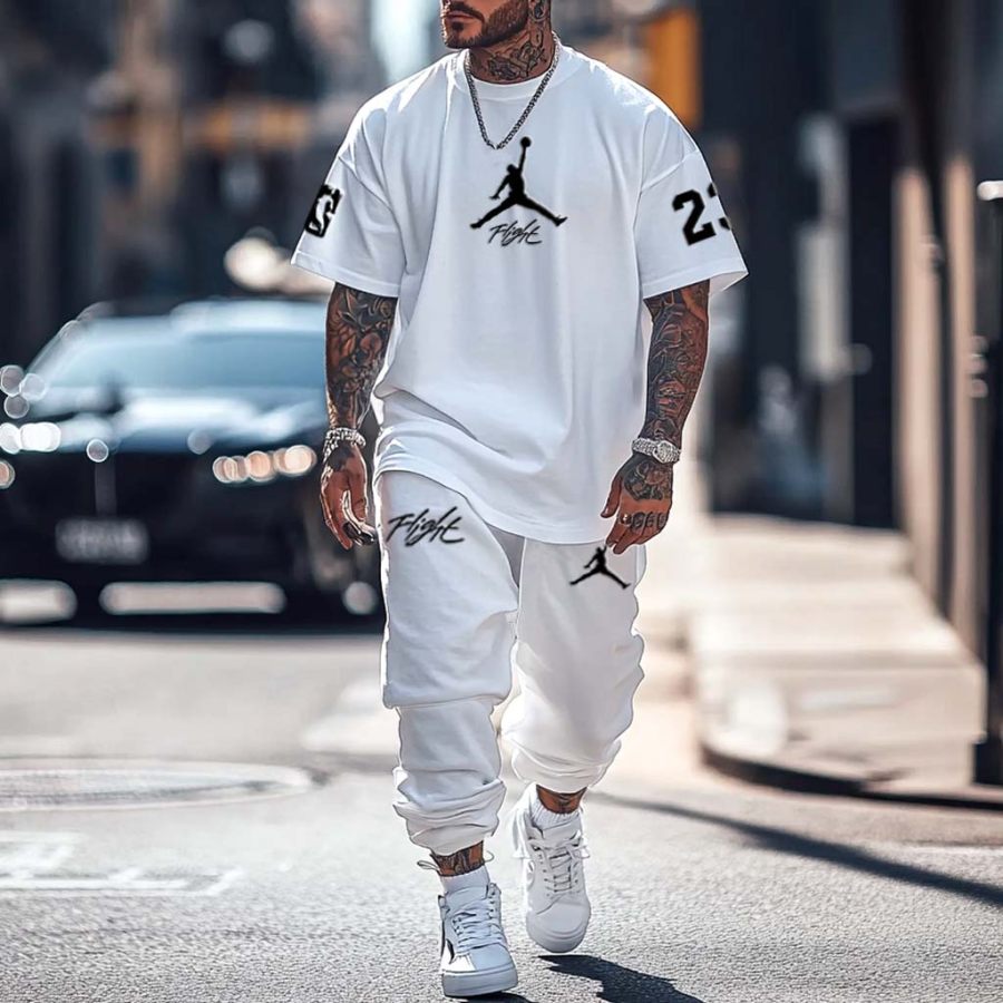 

Unisex Basketball Flight Print Oversized Streetwear White Short-Sleeved T-shirt And Sweatpants Set