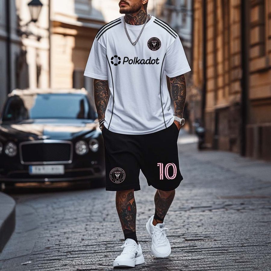 

Unisex Football 10 Print Sports Streetwear White Short-Sleeved T-shirt And Black Shorts Set