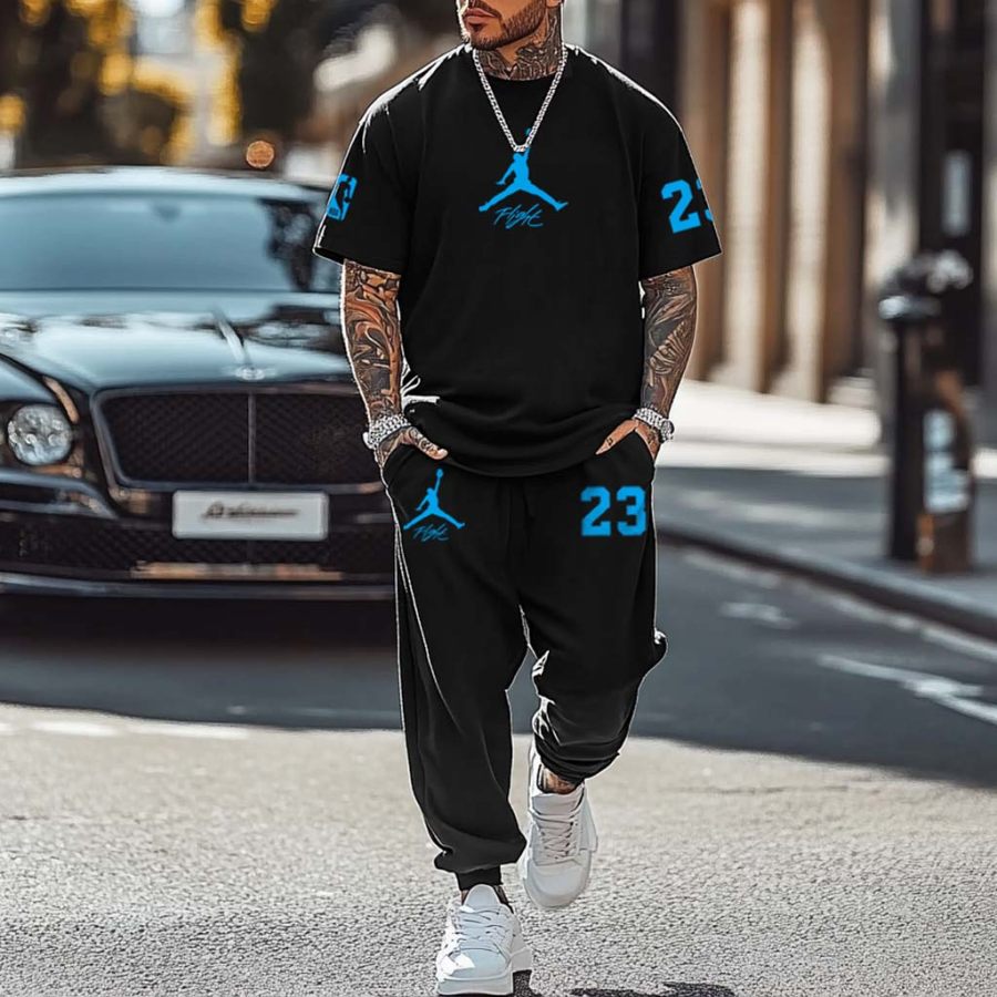 

Unisex Basketball Flight 23 Print Oversized Streetwear Black Short-Sleeved T-shirt And Sweatpants Set